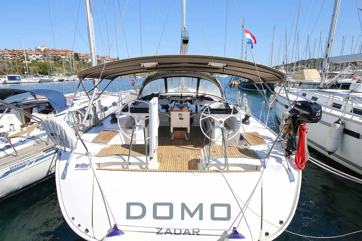 Exterior view of Domo, a Bavaria Cruiser 56 sailboat at Grad Pula, Croatia