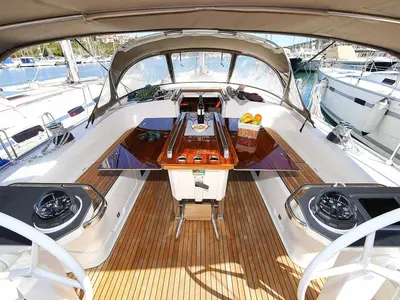 Cockpit of Domo, a Bavaria Cruiser 56 sailboat at Grad Pula, Croatia