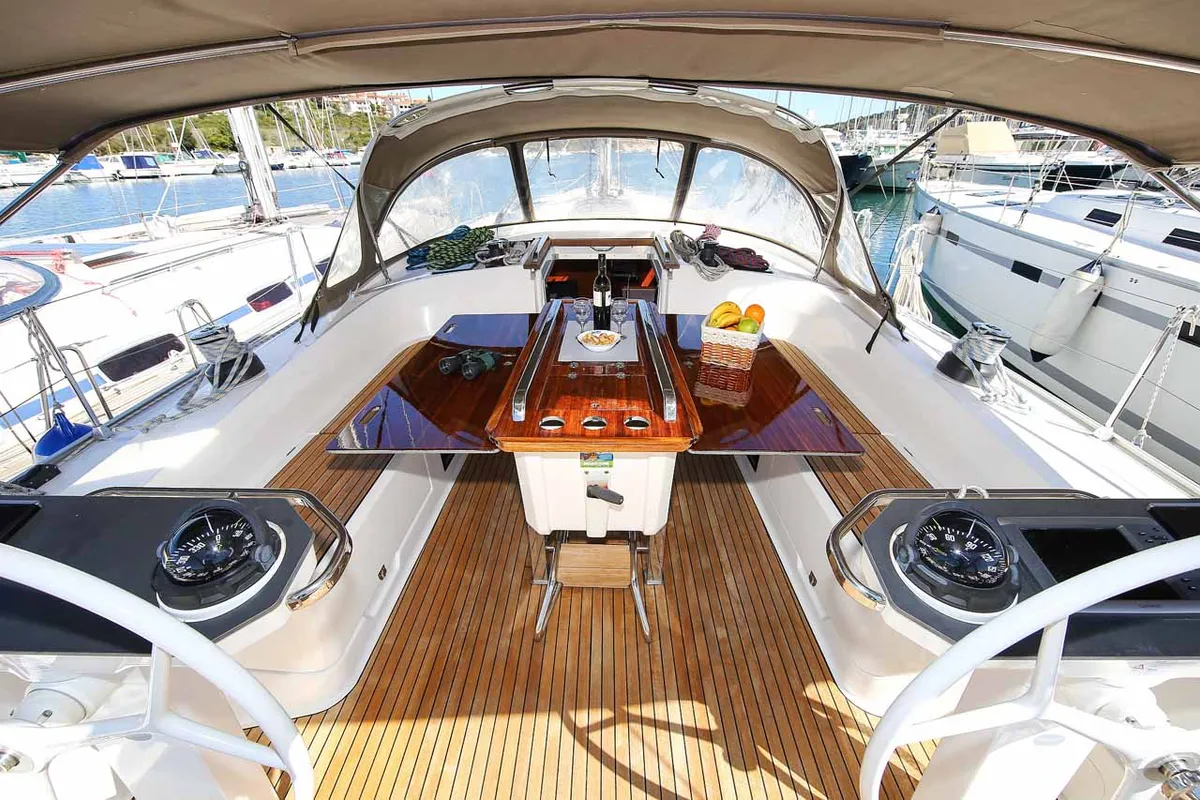 Cockpit of Domo, a Bavaria Cruiser 56 sailboat at Grad Pula, Croatia