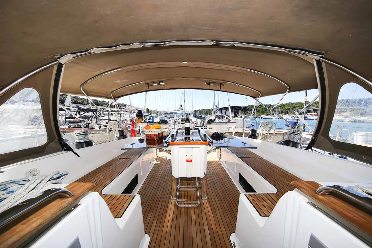 Cockpit of Domo, a Bavaria Cruiser 56 sailboat at Grad Pula, Croatia