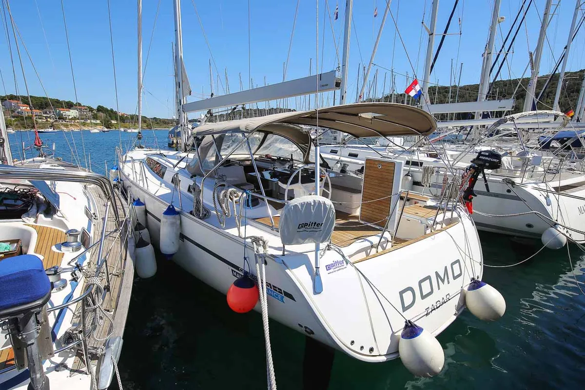Exterior view of Domo, a Bavaria Cruiser 56 sailboat at Grad Pula, Croatia
