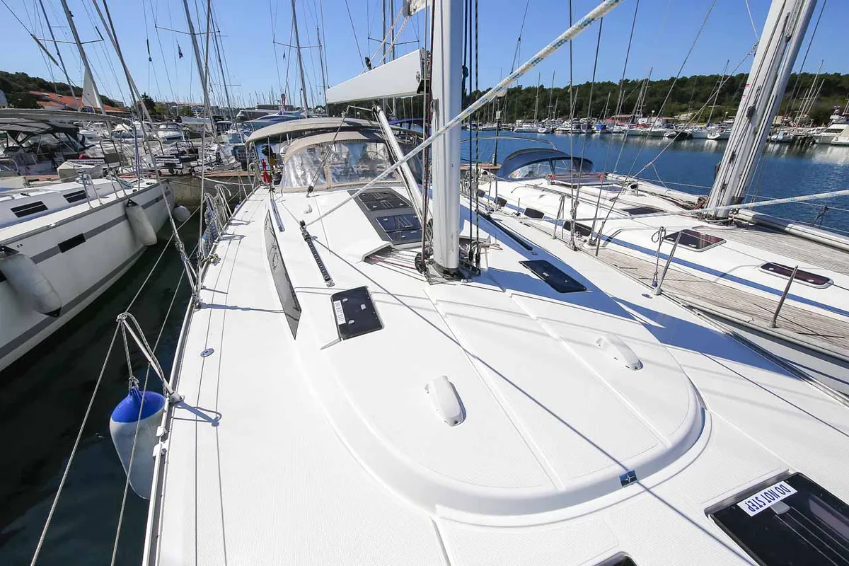 Deck of Domo, a Bavaria Cruiser 56 sailboat at Grad Pula, Croatia