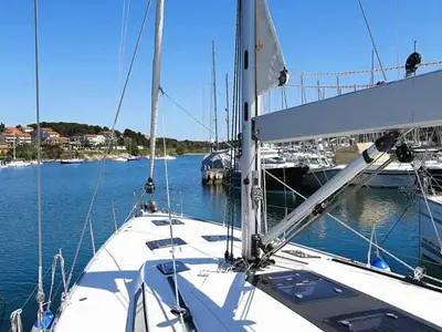 Deck of Domo, a Bavaria Cruiser 56 sailboat at Grad Pula, Croatia