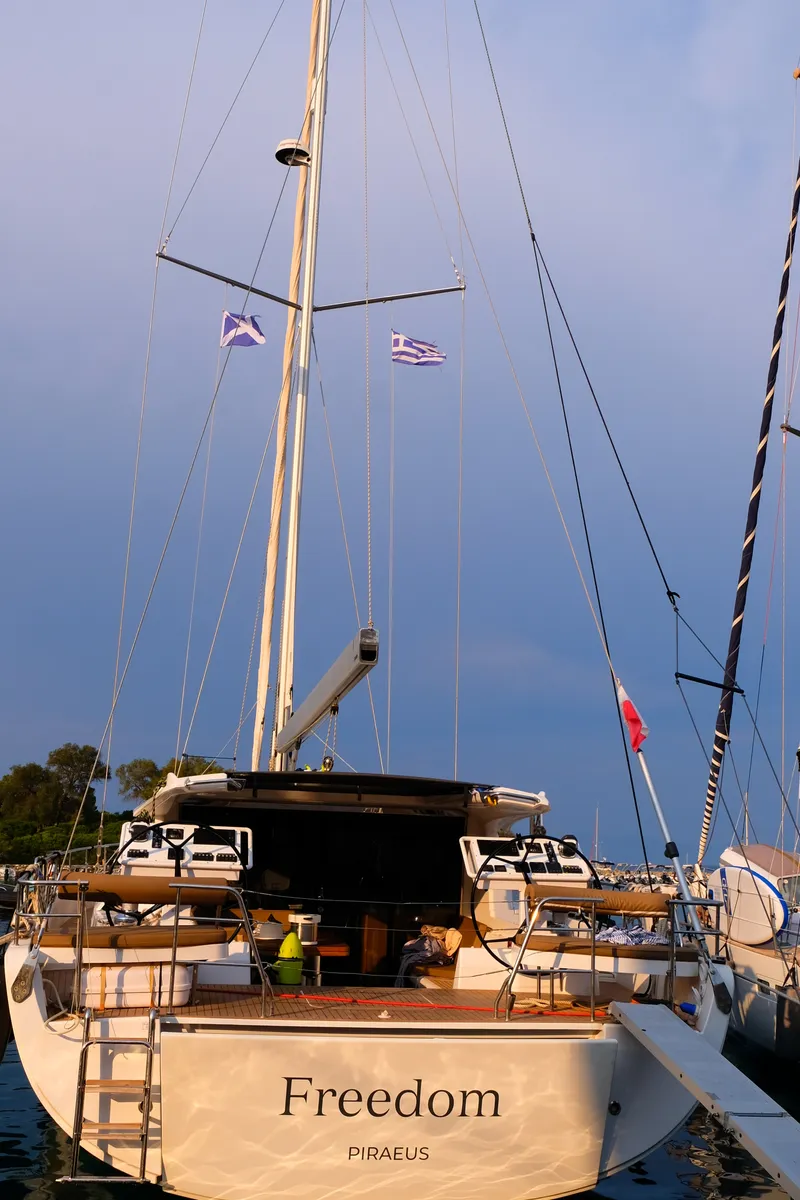Exterior view of Freedom, a Moody 54 sailboat at Kontokali, Greece