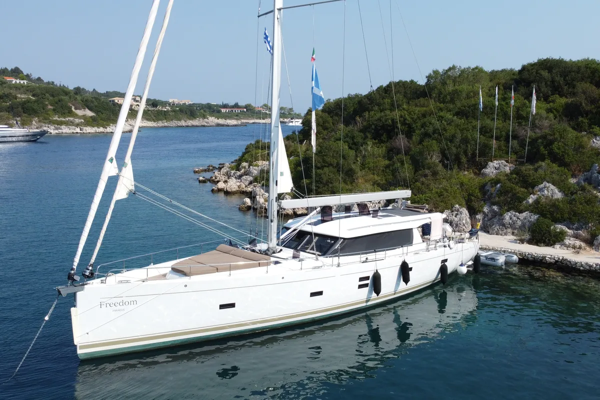 Exterior view of Freedom, a Moody 54 sailboat at Kontokali, Greece