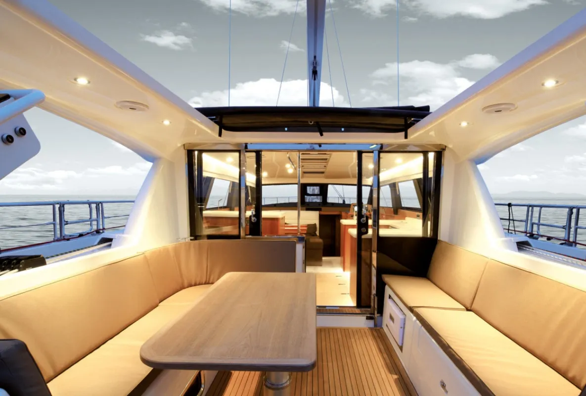 Deck of Freedom, a Moody 54 sailboat at Kontokali, Greece