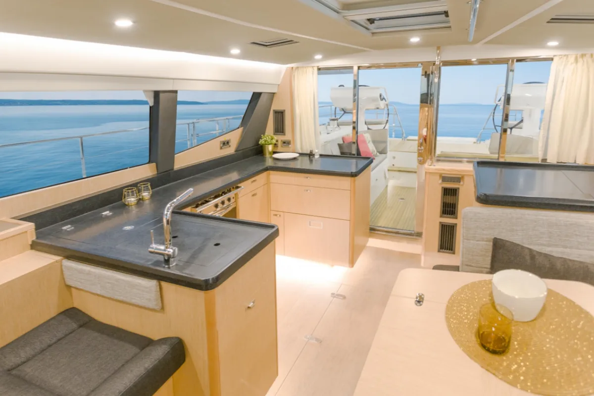 Galley of Freedom, a Moody 54 sailboat at Kontokali, Greece