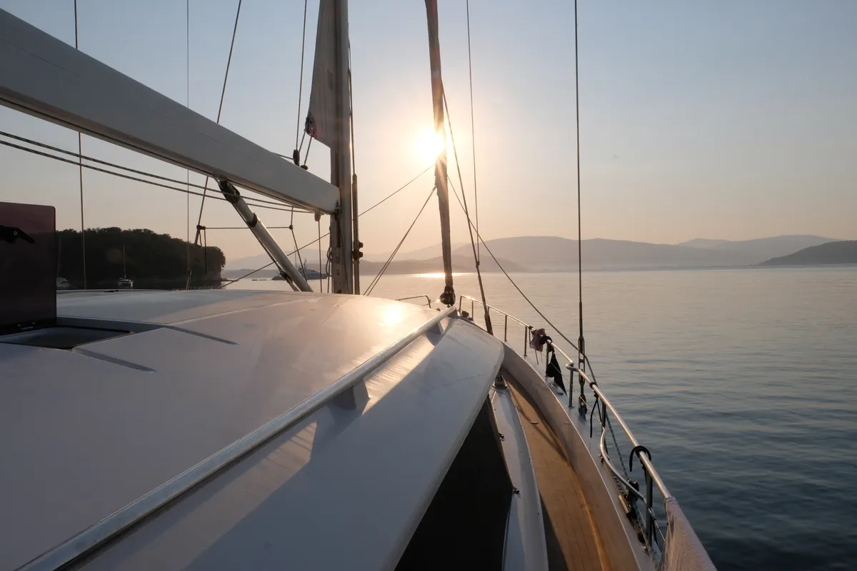 Deck of Freedom, a Moody 54 sailboat at Kontokali, Greece