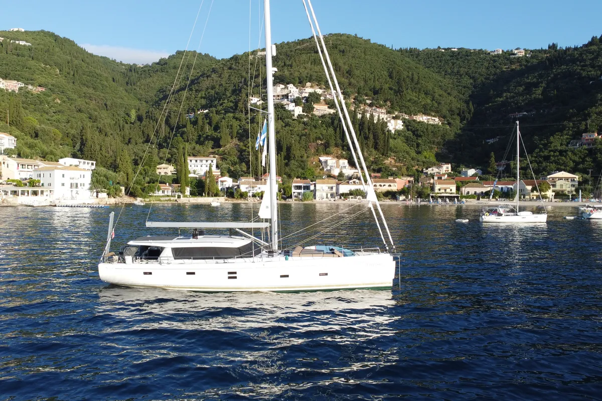 Exterior view of Freedom, a Moody 54 sailboat at Kontokali, Greece