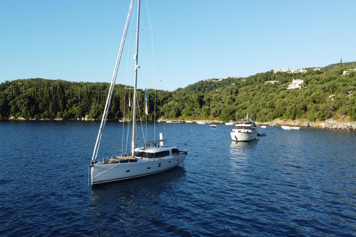 Exterior view of Freedom, a Moody 54 sailboat at Kontokali, Greece