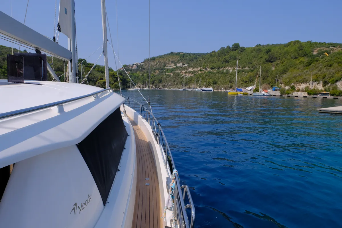 Deck of Freedom, a Moody 54 sailboat at Kontokali, Greece