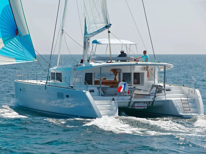 Exterior view of Altair, a Lagoon 450 Fly catamaran at Athens, Greece