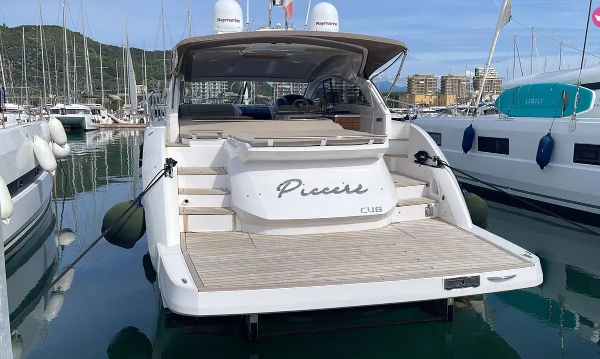 Exterior view of Piccere, a Sessa C48 motor yacht at Salerno, Italy