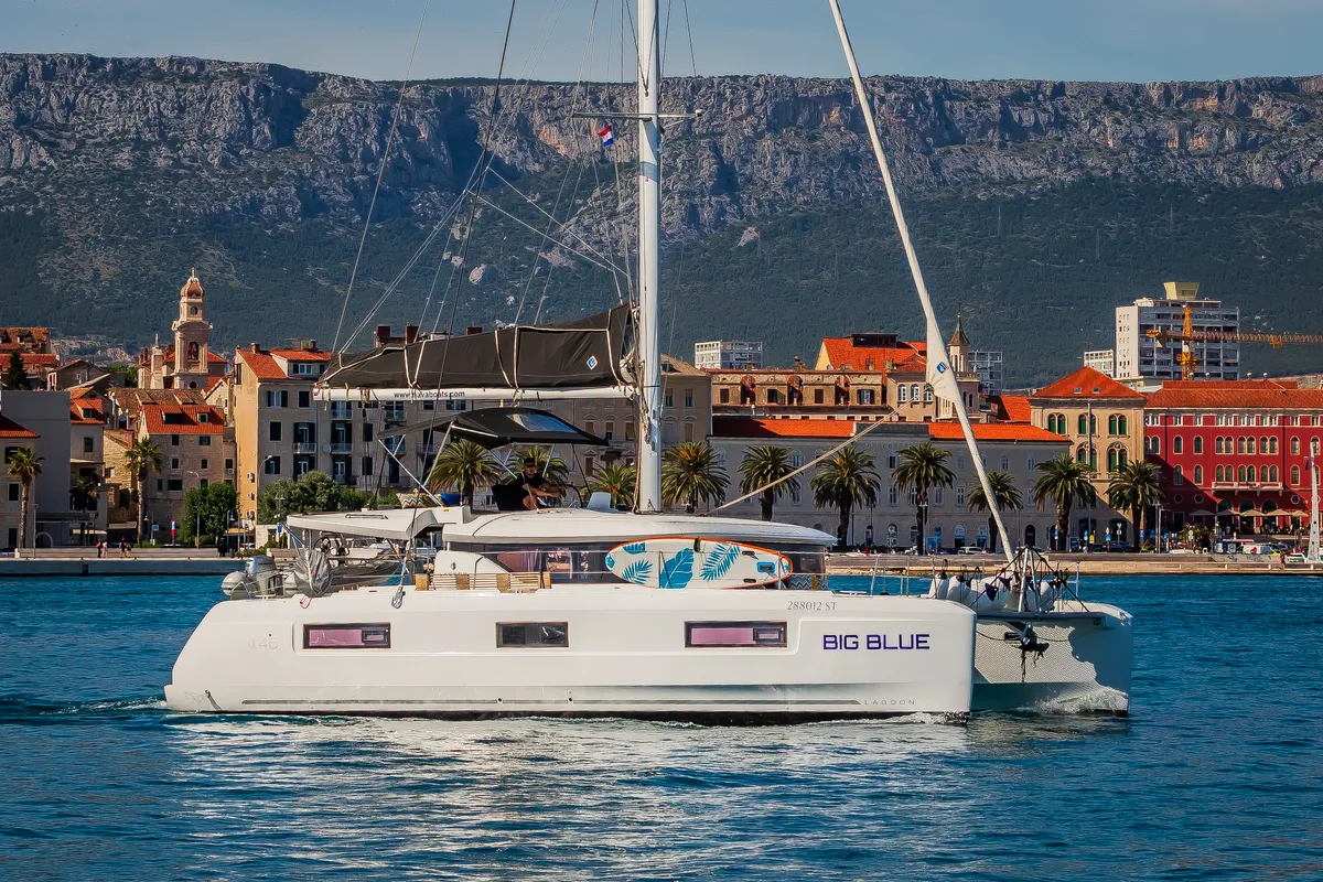 Exterior view of Big Blue, a Lagoon 46 catamaran at Split, Croatia