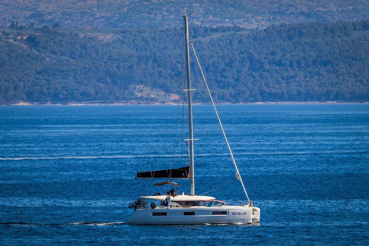 Exterior view of Big Blue, a Lagoon 46 catamaran at Split, Croatia
