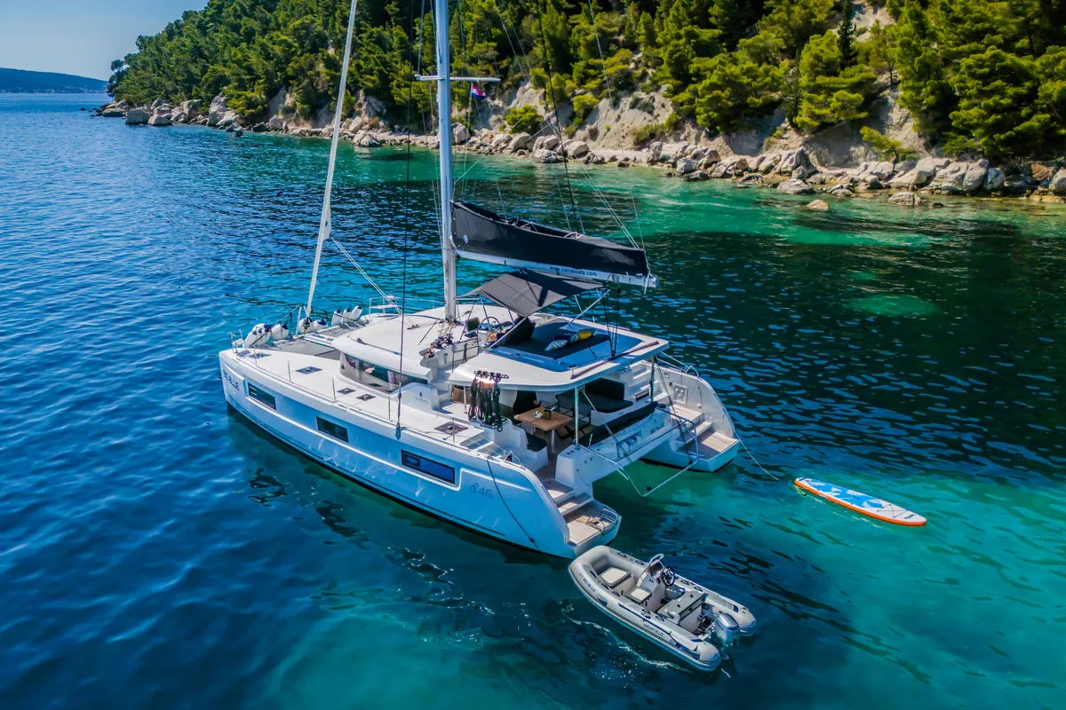 Exterior view of Big Blue, a Lagoon 46 catamaran at Split, Croatia