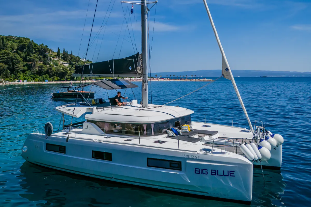 Exterior view of Big Blue, a Lagoon 46 catamaran at Split, Croatia