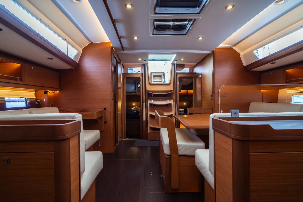 Salon of Eleonora, a Dufour 56 sailboat at Olbia, Italy