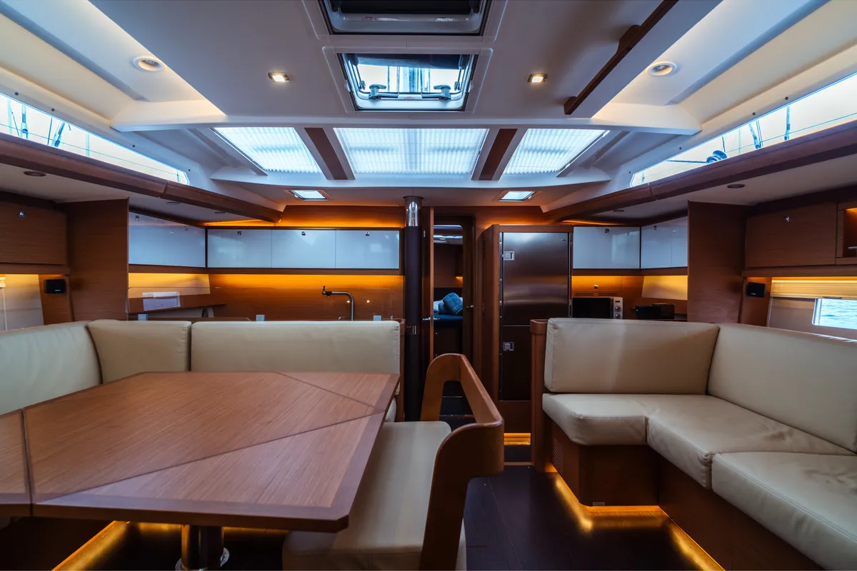 Salon of Eleonora, a Dufour 56 sailboat at Olbia, Italy