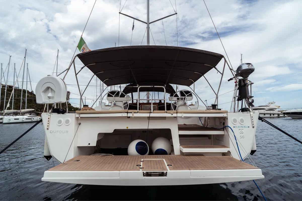 Exterior view of Eleonora, a Dufour 56 sailboat at Olbia, Italy