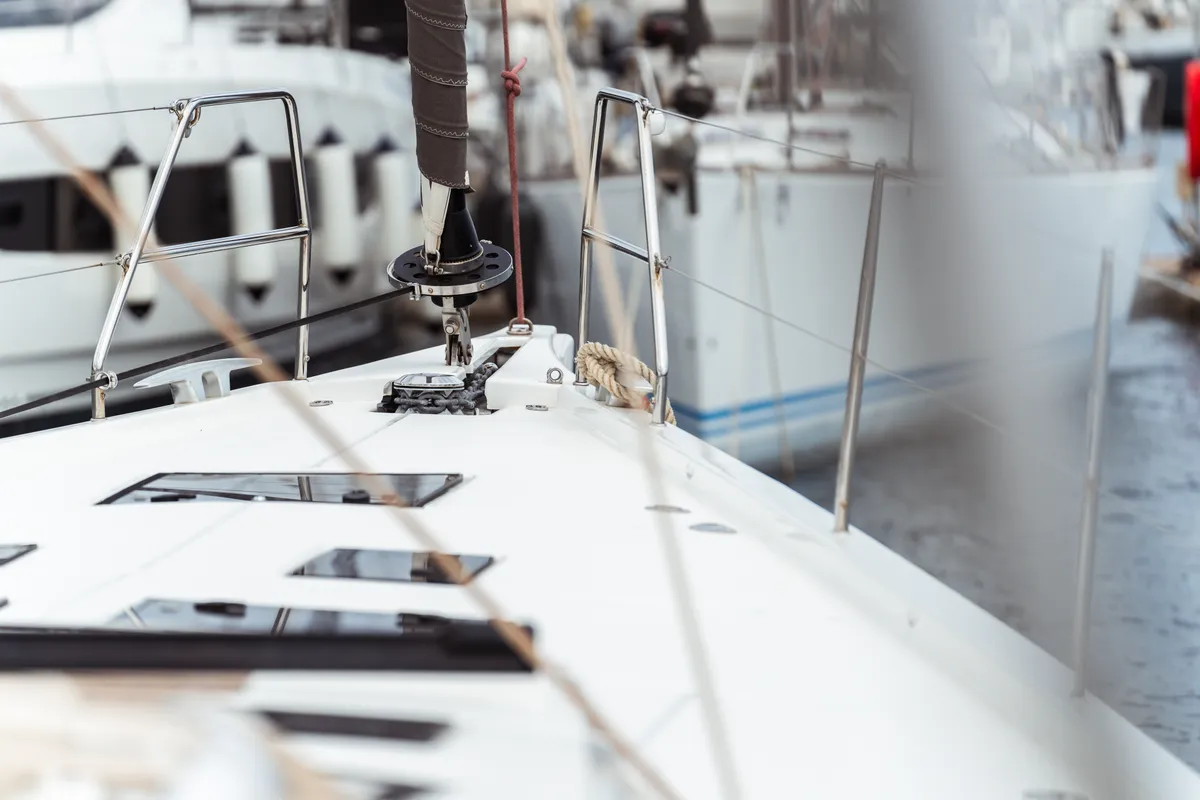 Deck of Eleonora, a Dufour 56 sailboat at Olbia, Italy