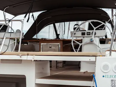 Deck of Eleonora, a Dufour 56 sailboat at Olbia, Italy
