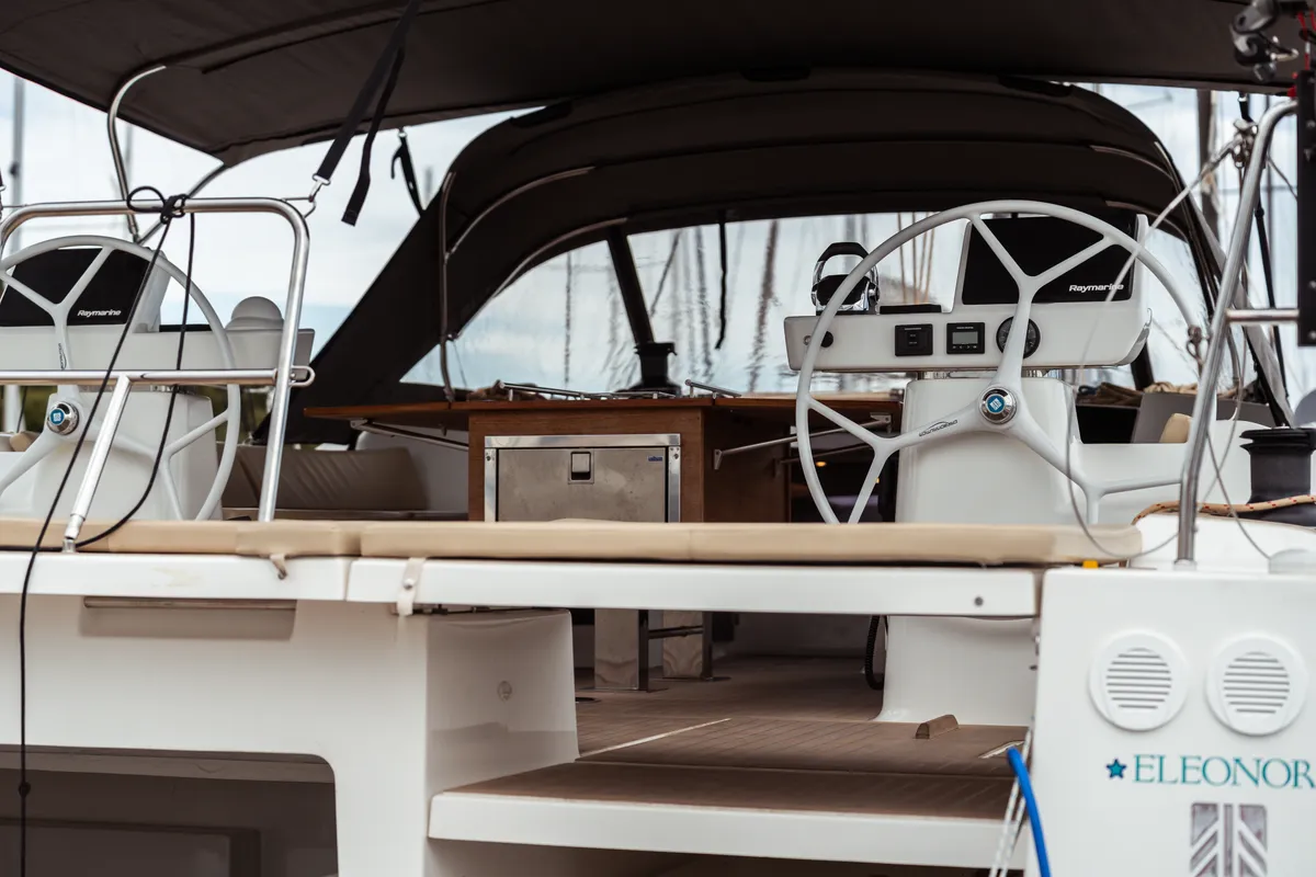 Deck of Eleonora, a Dufour 56 sailboat at Olbia, Italy
