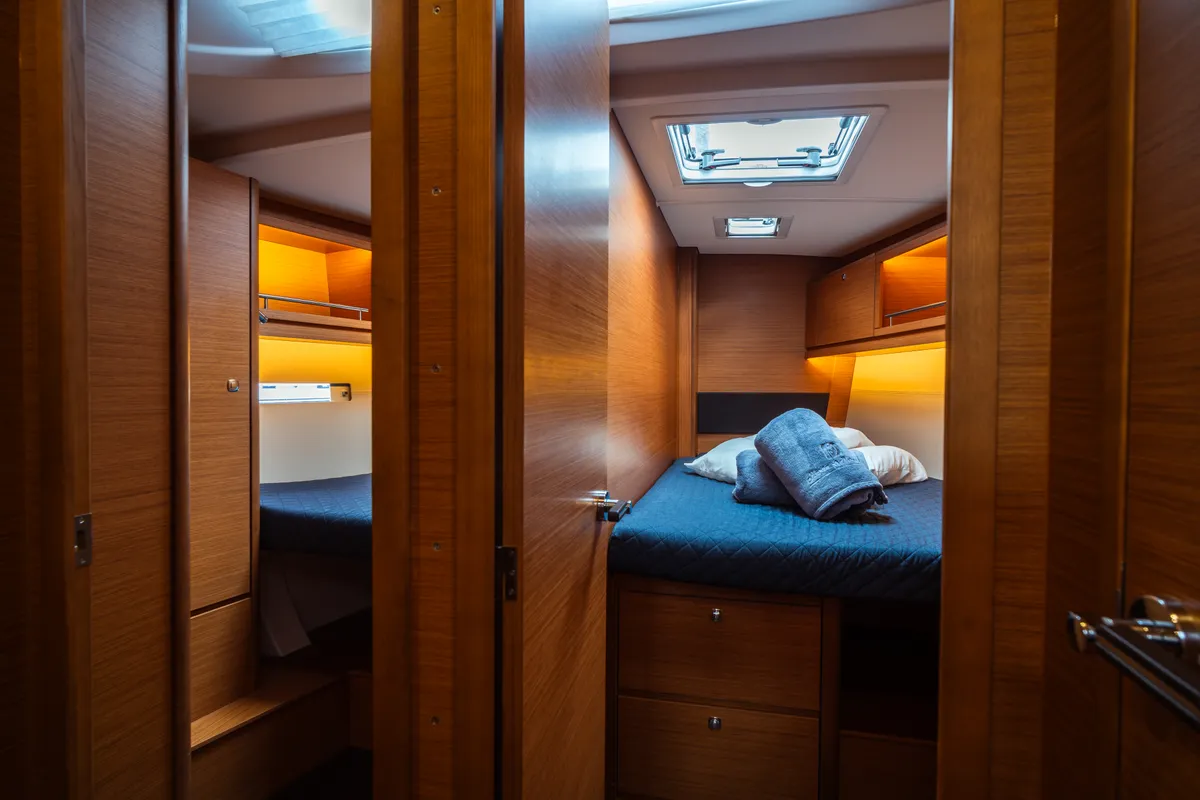 Cabin on Eleonora, a Dufour 56 sailboat at Olbia, Italy