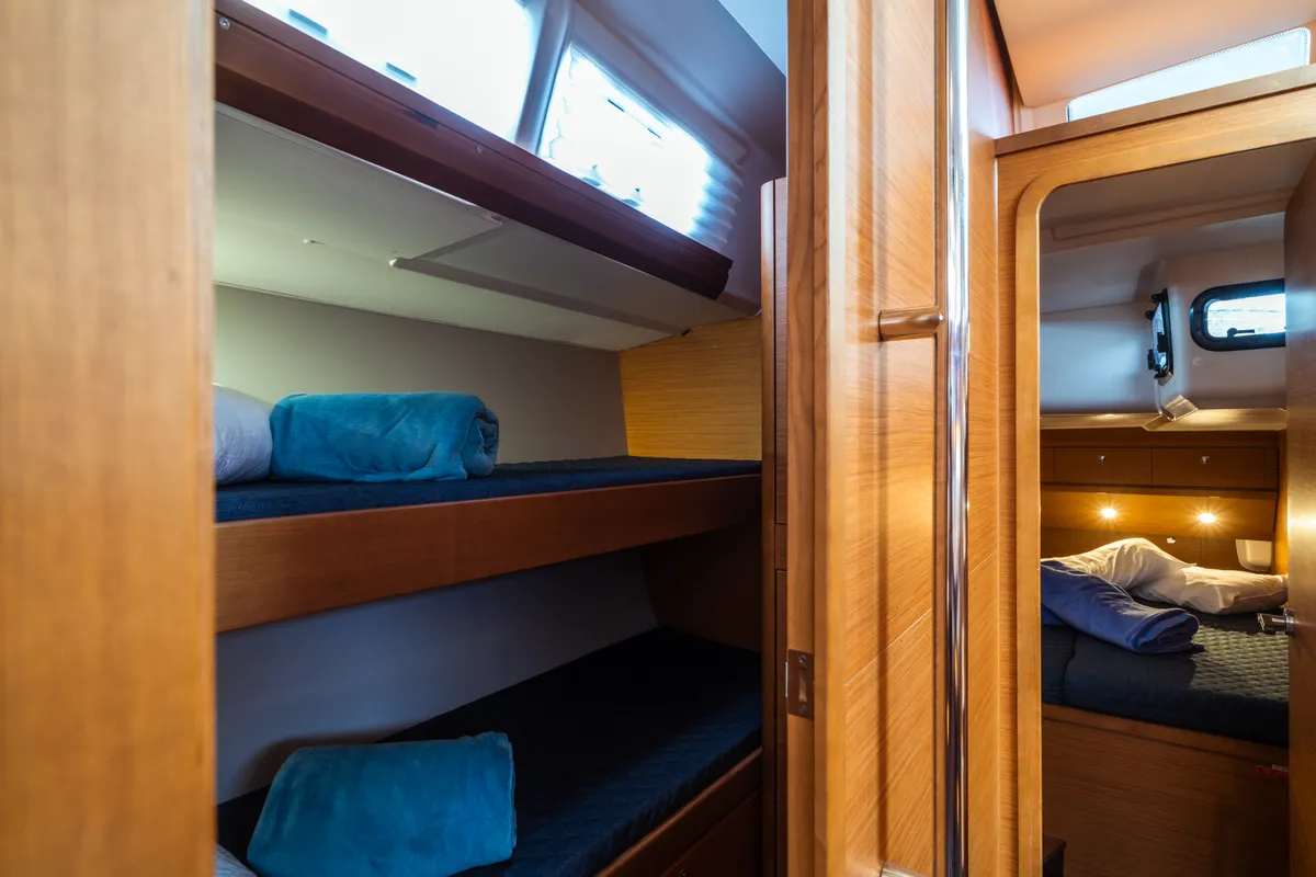 Cabin on Eleonora, a Dufour 56 sailboat at Olbia, Italy