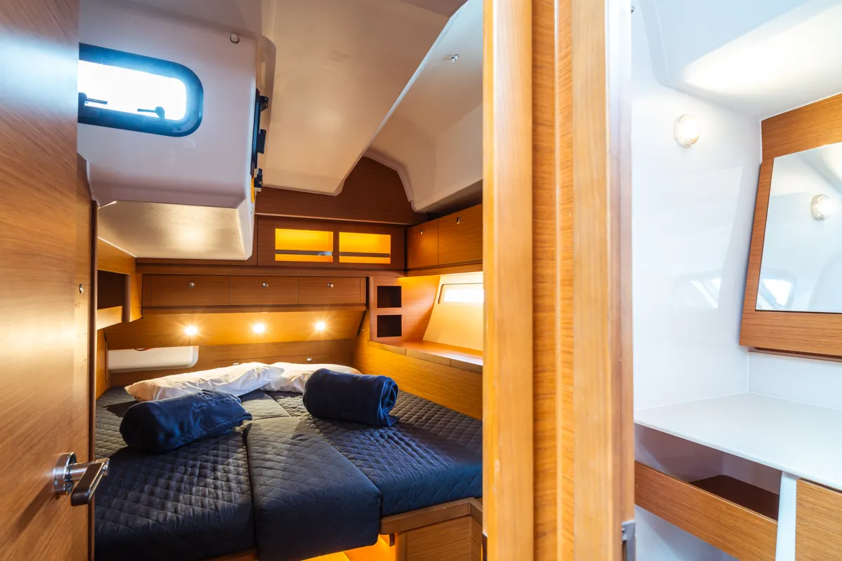 Cabin on Eleonora, a Dufour 56 sailboat at Olbia, Italy