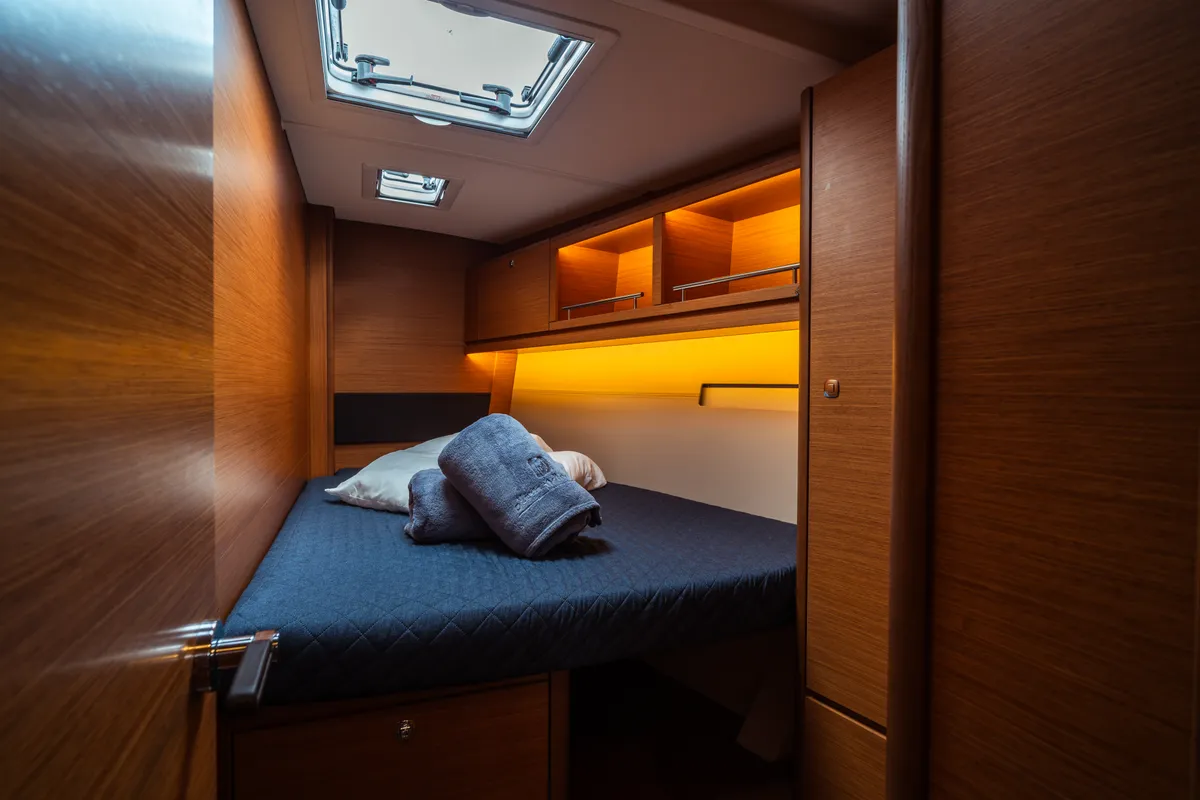 Cabin on Eleonora, a Dufour 56 sailboat at Olbia, Italy