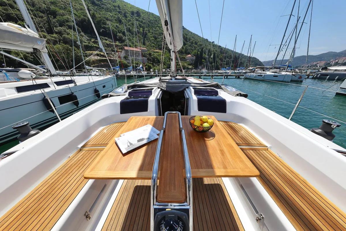 Deck of Marion, a Hanse 455 sailboat at Dubrovnik, Croatia