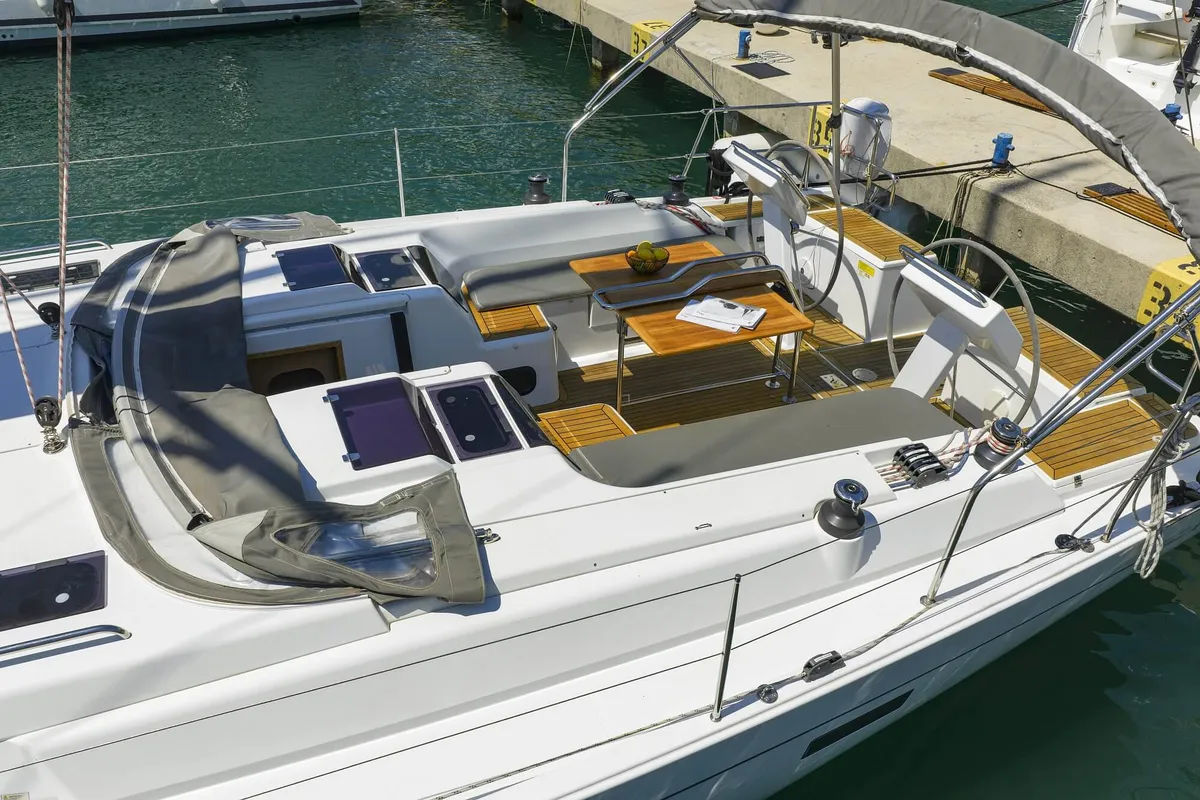 Deck of Marion, a Hanse 455 sailboat at Dubrovnik, Croatia
