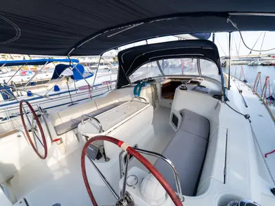Cockpit of Jeanneau Sun Odyssey 44 i, a sailboat at Kavala, Greece