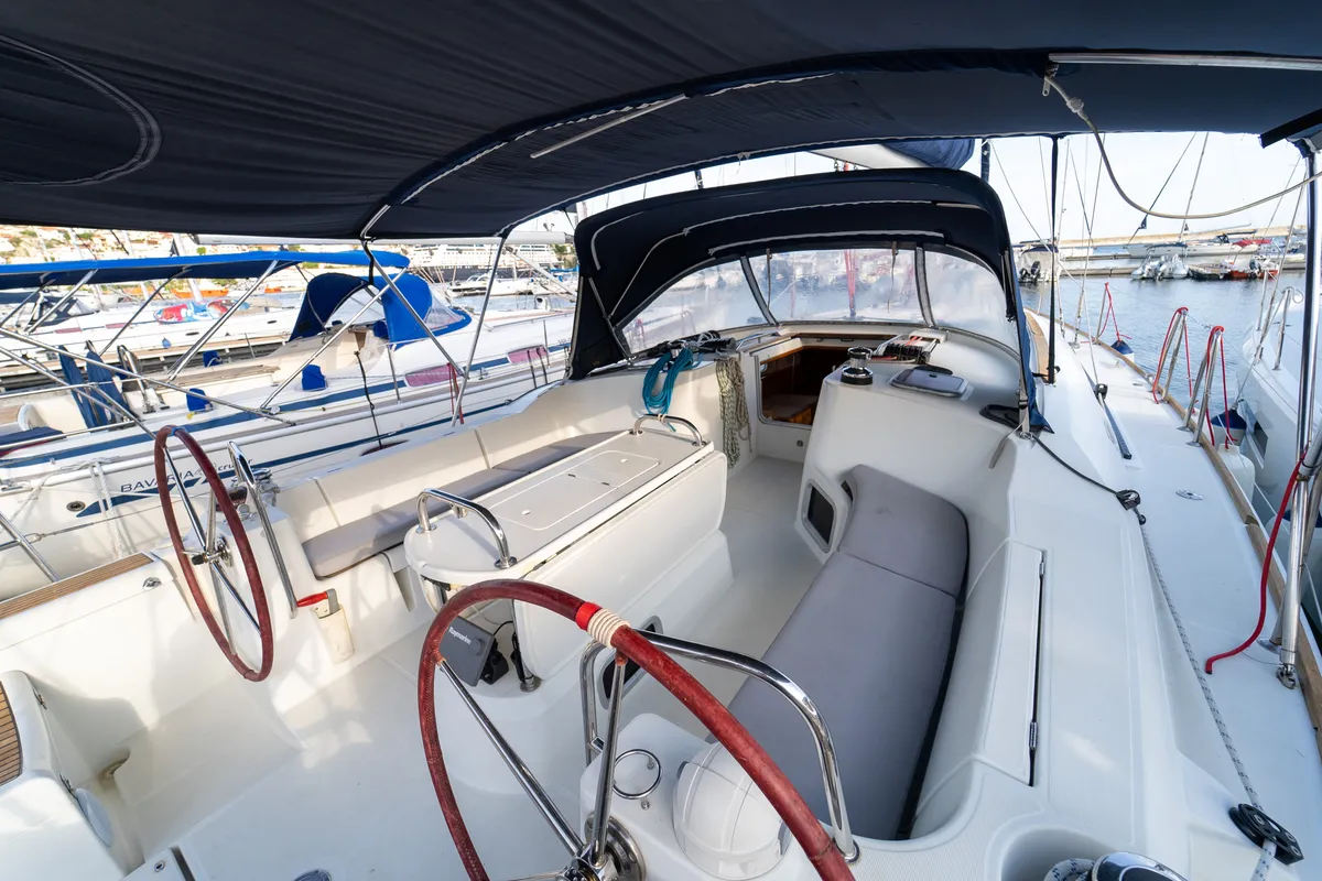 Cockpit of Jeanneau Sun Odyssey 44 i, a sailboat at Kavala, Greece