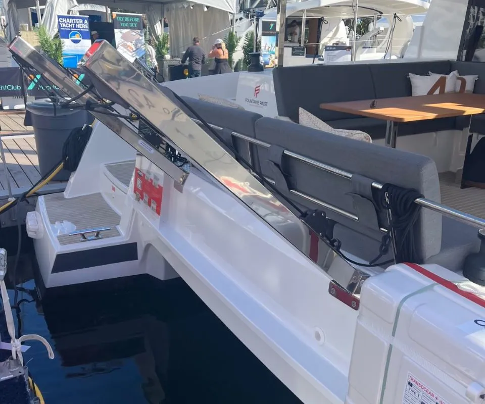 Deck of Scarlet Ibis, a Fountaine Pajot Isla 40 catamaran at Road Town, British Virgin Islands