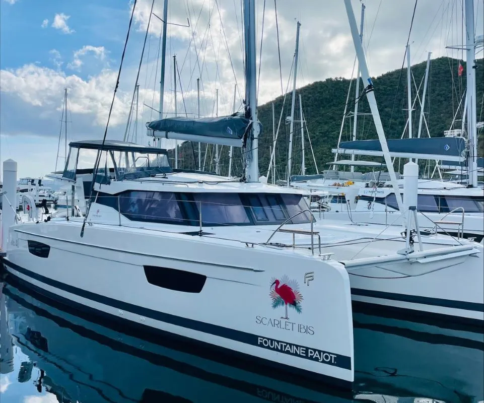 Exterior view of Scarlet Ibis, a Fountaine Pajot Isla 40 catamaran at Road Town, British Virgin Islands