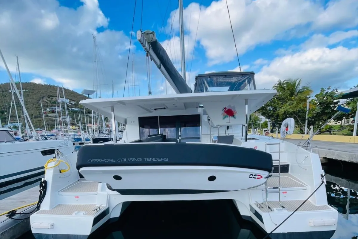 Exterior view of Scarlet Ibis, a Fountaine Pajot Isla 40 catamaran at Road Town, British Virgin Islands