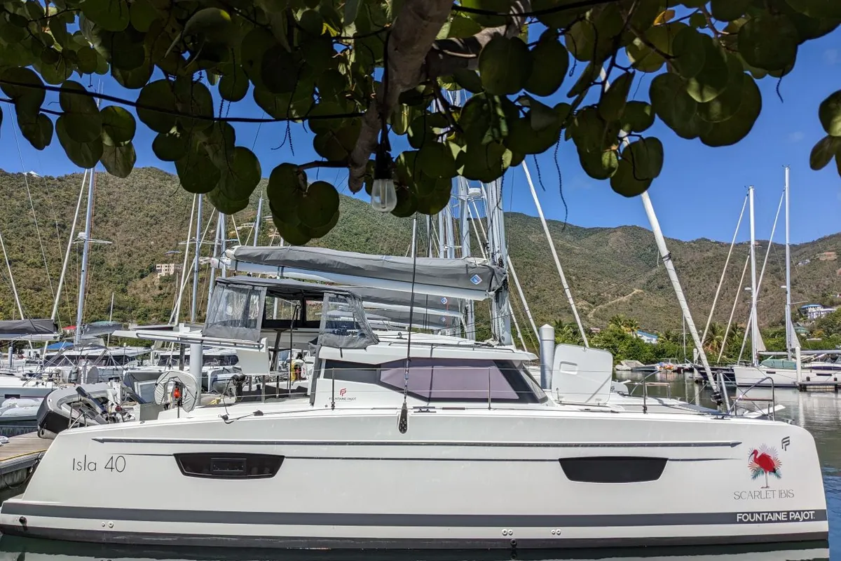 Exterior view of Scarlet Ibis, a Fountaine Pajot Isla 40 catamaran at Road Town, British Virgin Islands