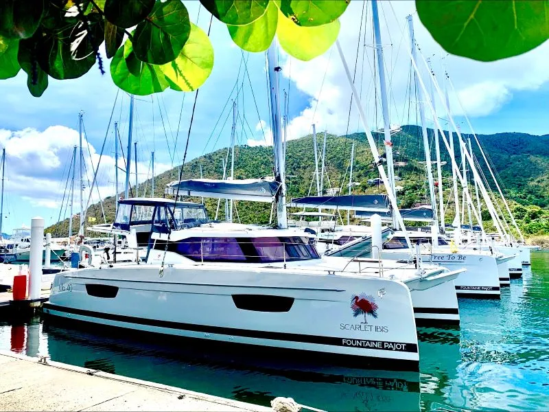 Exterior view of Scarlet Ibis, a Fountaine Pajot Isla 40 catamaran at Road Town, British Virgin Islands