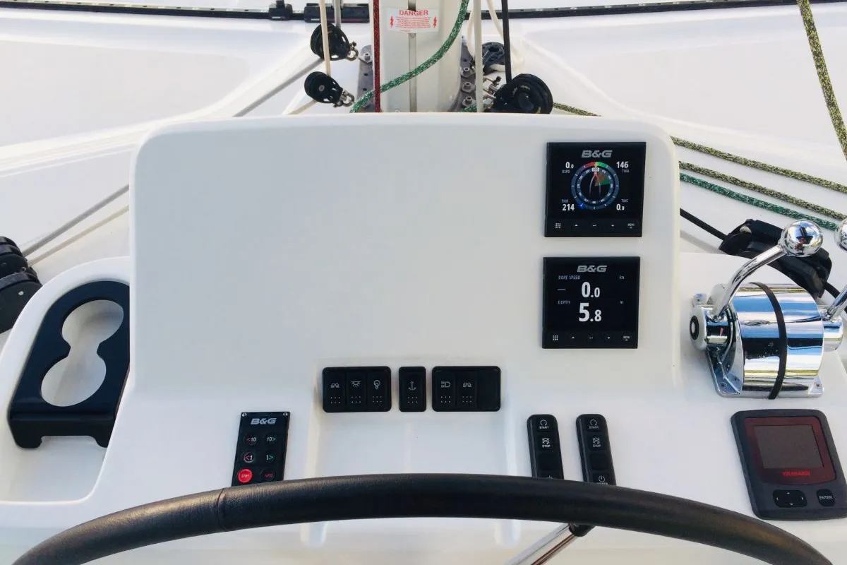 Cockpit of Ocean, a Lagoon 50 catamaran at Roche Caiman, Seychelles