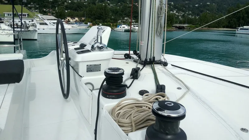 Cockpit of Ocean, a Lagoon 50 catamaran at Roche Caiman, Seychelles