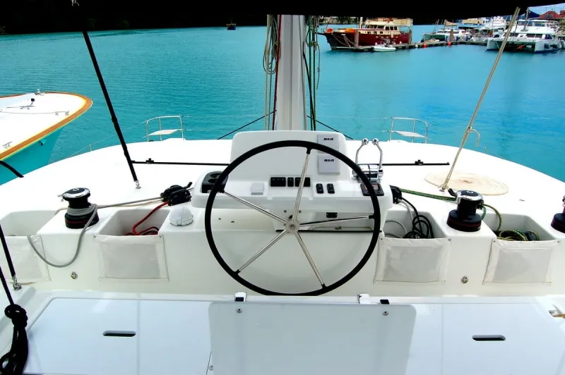 Cockpit of Ocean, a Lagoon 50 catamaran at Roche Caiman, Seychelles