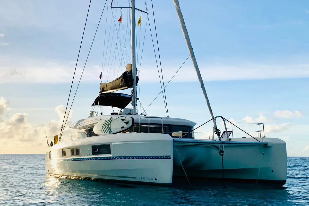 Exterior view of Ocean, a Lagoon 50 catamaran at Roche Caiman, Seychelles