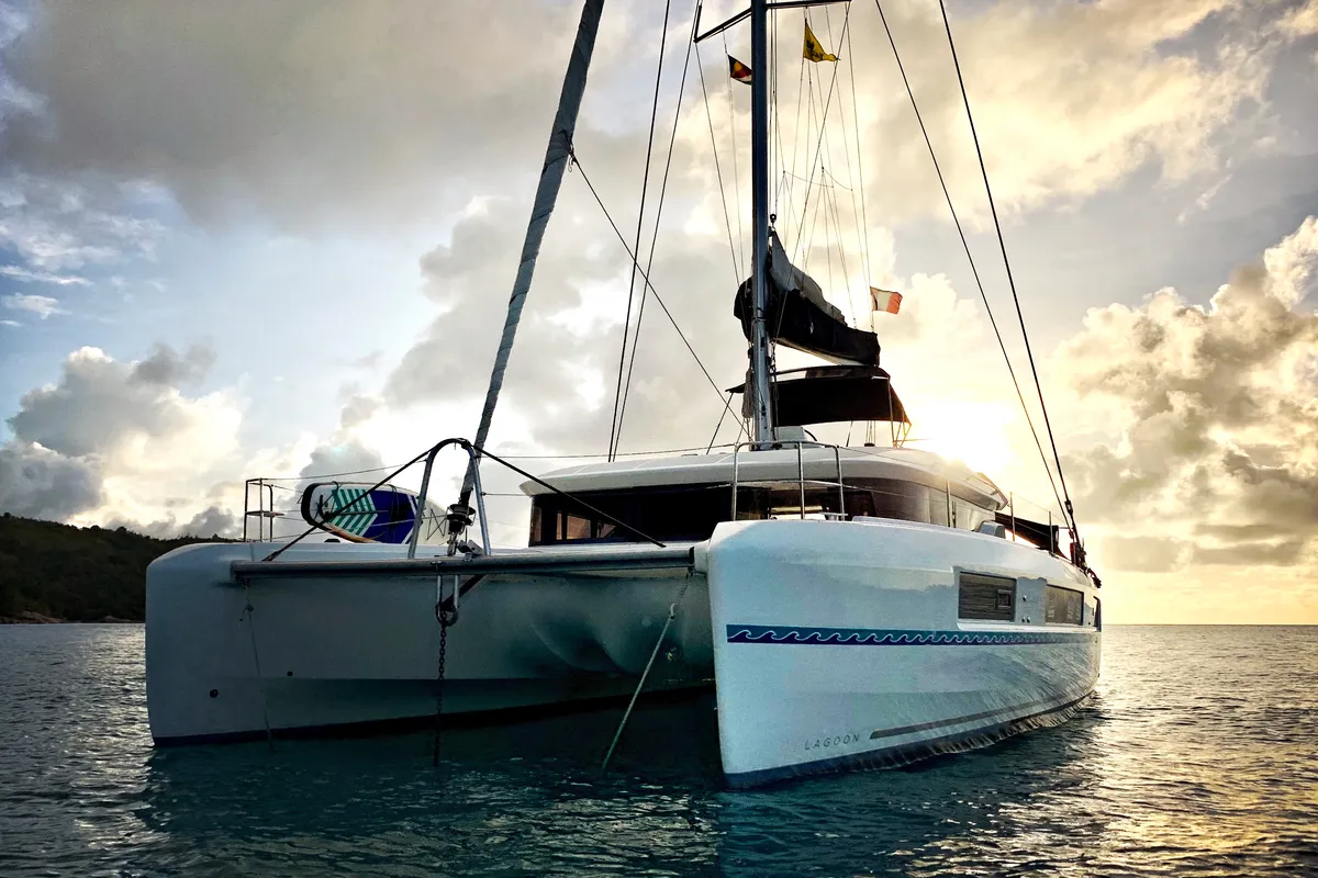Exterior view of Ocean, a Lagoon 50 catamaran at Roche Caiman, Seychelles