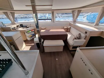 Salon of Altair, a Lagoon 46 catamaran at Olbia, Italy