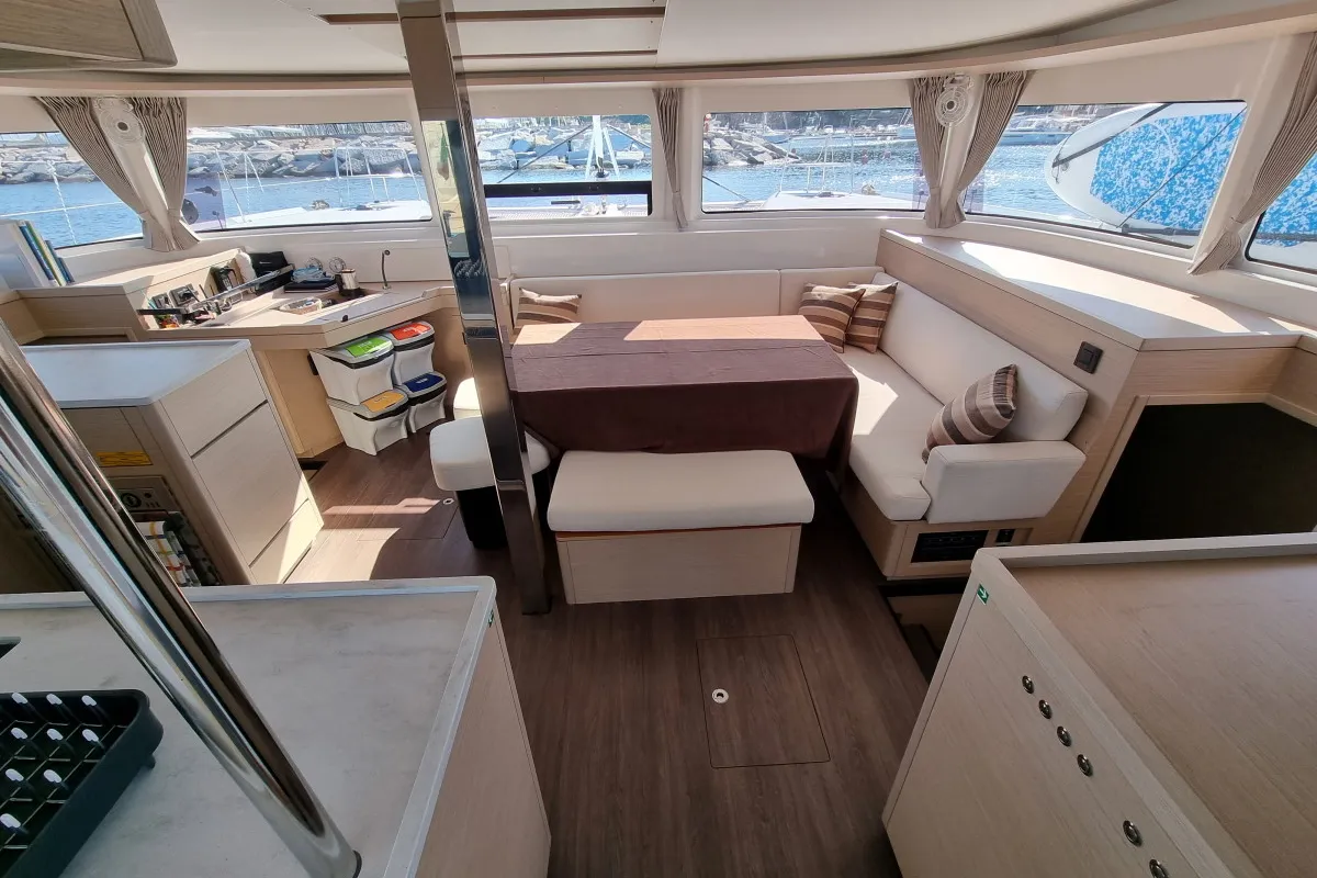 Salon of Altair, a Lagoon 46 catamaran at Olbia, Italy