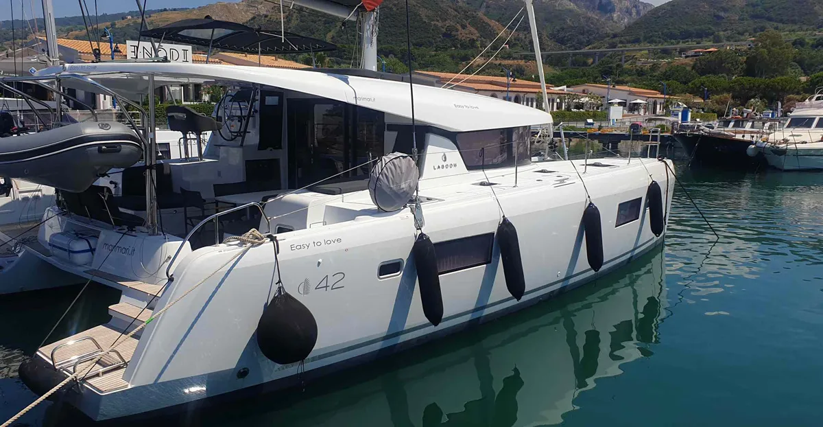 Exterior view of Easy to love, a Lagoon 42 catamaran at Tropea, Italy