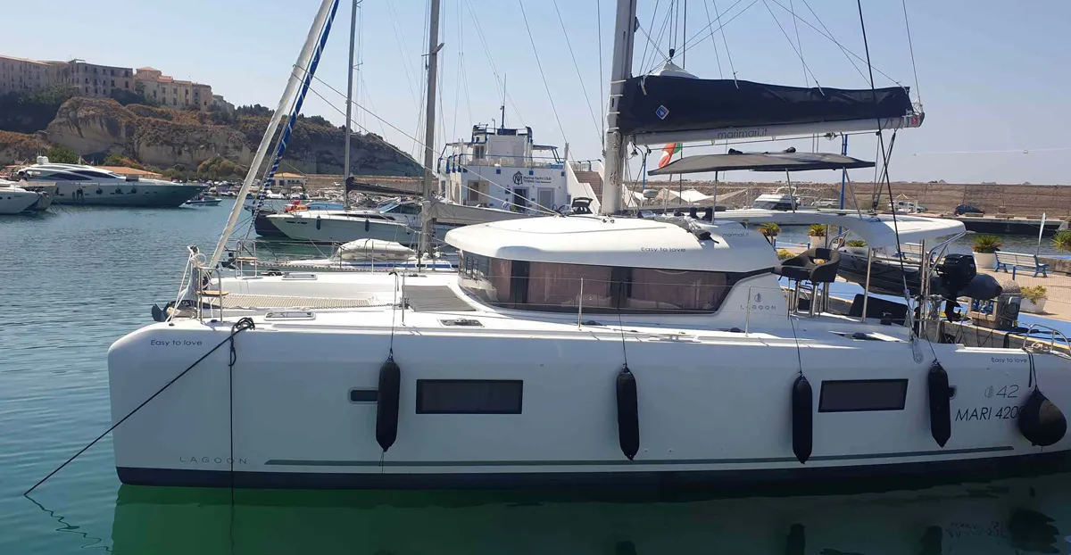 Exterior view of Easy to love, a Lagoon 42 catamaran at Tropea, Italy