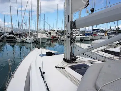 Deck of Leonidas Bavaria 46 Cruiser, a Bavaria 46 Cruiser sailboat at Municipal Unit of Lefkada, Greece